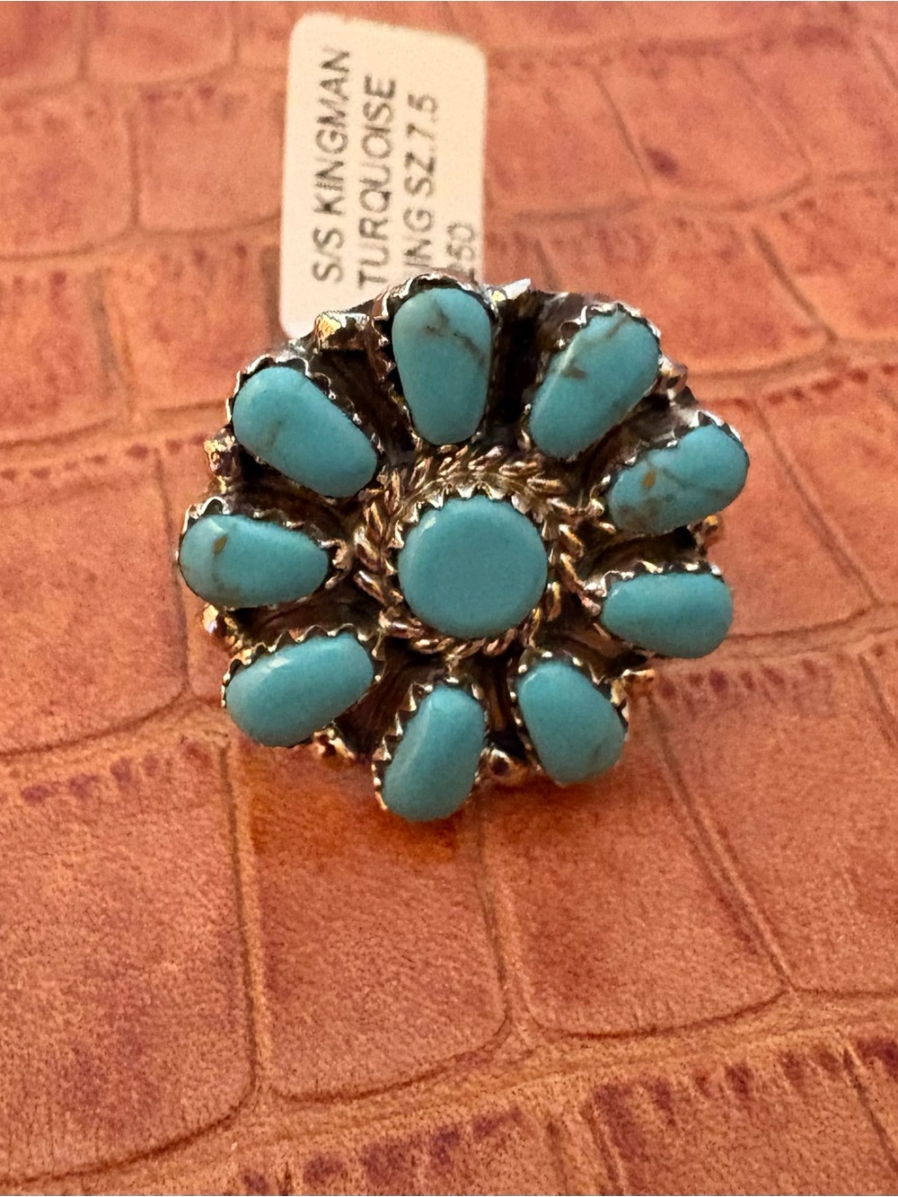 Native American Kingman Turquoise Flower  Ring Size 7.5-Juliana Benally